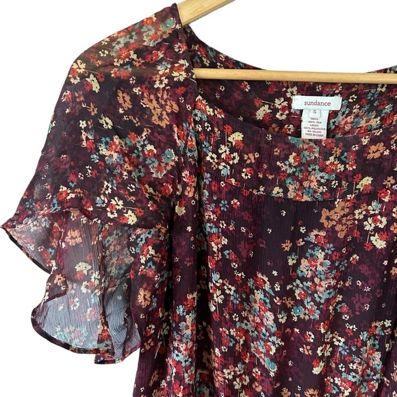 Sundance Dress Midi 100% Silk Floral Burgundy Tulip‎ Sleeve Romantic Boho Size S - Picture 5 of 9